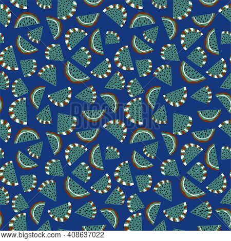 Unusual Dark Colors Fruit Slices On Deep Blue Seamless Pattern Vector. Fantasy Cartoon Watermelon Fl