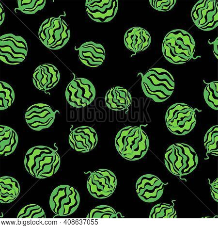 Bold Green Berries On Black Seamless Pattern Vector. Whole Watermelon Or Gooseberry Fruits Striped A