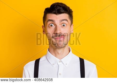 Photo Portrait Of Young Student Fooling Grimacing Showing Tongue Silly Idiot Isolated On Vibrant Yel