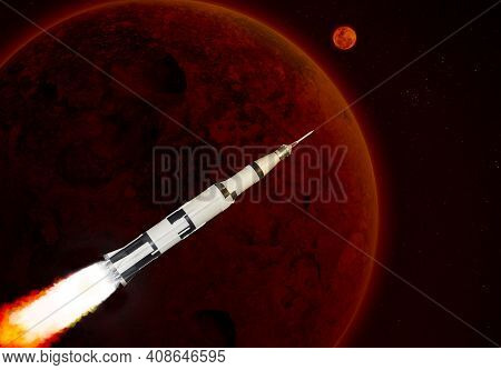 3d Image Illustration Black And White Multistage Space Rocket Model Flies To Exploration Over The Re