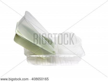 Plastic Food And Takeaway Containers Washed For Recycle Meant To Save The Environment On A White Bac