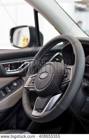 Russia, Izhevsk - August 13, 2020: Subaru Showroom. Steering Wheel Of New Modern Car Subaru Forester