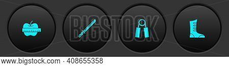 Set Apple And Measuring Tape, Japanese Katana, Sport Expander And Boxing Shoes Icon. Vector