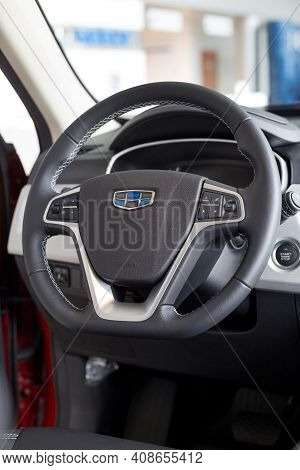 Russia, Izhevsk - August 14, 2020: Geely Showroom. Interior Of New Modern Car Geely Atlas With Manua