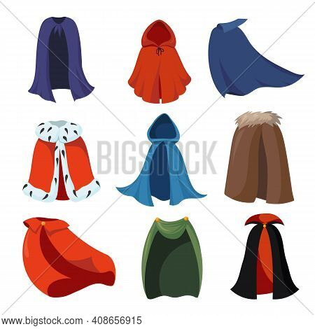 Cartoon Capes Set. Cartoon Cloaks Or Mantles Of King, Vampire, Death, Magic Characters Costumes For 