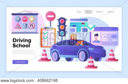 Web Page Template For A Driving School Showing A Car, Traffic Cones, Traffic Lights, Road Signs And 