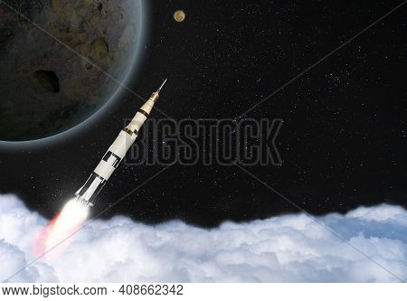 3d Image Illustration Black And White Multistage Space Rocket Model Flies Pass Cloud To Exploration 