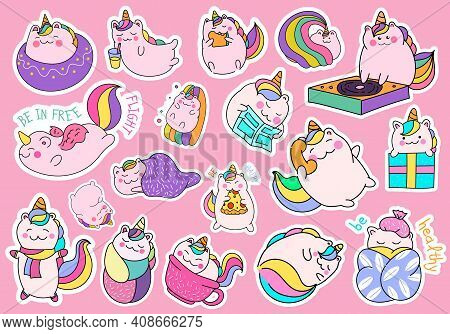 Set Of Cute Baby Unicorns In Everyday Life With Funny Inscriptions. They Perform Various Actions Sle