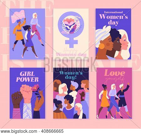 Set Of International Women S Day Greeting Cards. Vector Templates For Cards, Posters, Flyers. Flat C