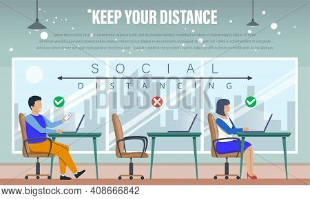 Social Distancing Concept With Colleagues Man And A Woman Working On Laptops In An Office In Complia