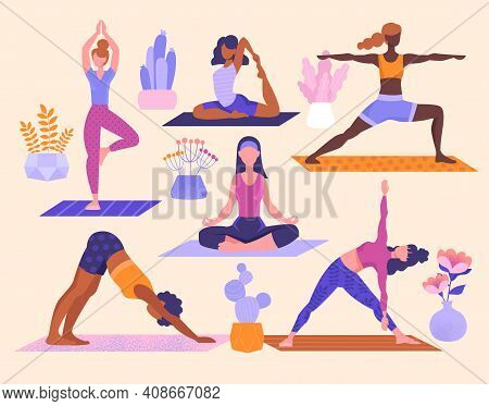 Large Set Of Diverse Multiracial Women Performing Assorted Yoga Poses In A Health And Fitness Concep