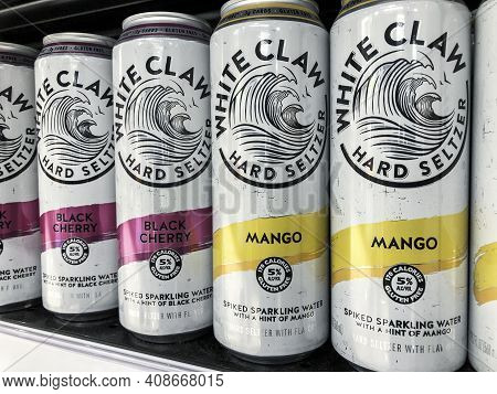 Indianapolis - Circa February 2021: White Claw Hard Seltzer Display. In 2019, White Claw Accounted F