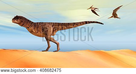 Carnotaurus Sastrei Dinosaur 3d Illustration - Pteranodon Flying Reptiles Follow A Carnotaurus Thero