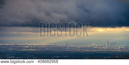 The Skyline Of The Financial District Of Frankfurt At Sunset Blue Hour With Fantastic Sky And Clouds