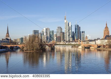 View On Frankfurt Skyline Over River Main In The Morning Light