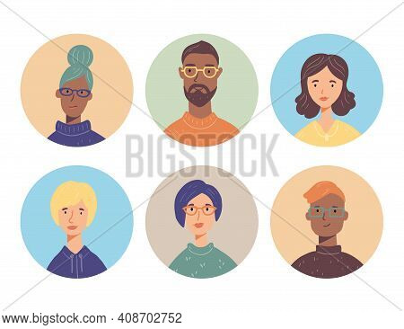 Set Of Young People Charactar Avatars With Different Hair, Clothes, Glasses. People Have Smiling Fac