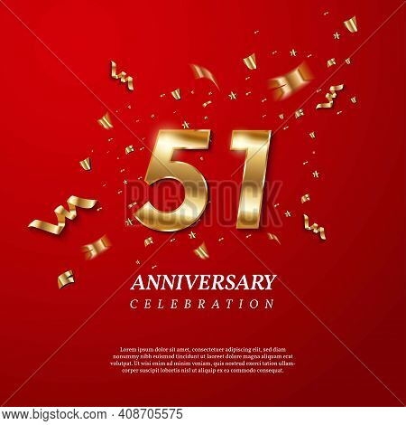 51th Anniversary Celebration. Golden Number 51 With Sparkling Confetti, Stars, Glitters And Streamer