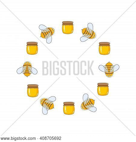 Round Vector Frame Of Bees And Honey. Logo Design For Farms, Apiaries, And Beekeeping. Festival Of H