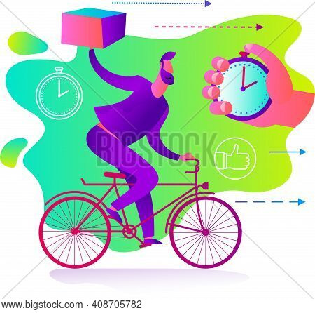Illustration For An App, Infographic, Or Landing Page, With A Character: A Person Quickly Delivers A