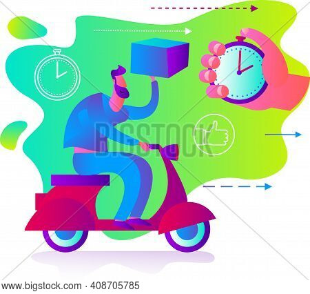 Illustration For An App, Infographic, Or Landing Page, With A Character: A Person Quickly Delivers A