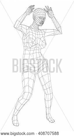 Wireframe Ballerina Or Dancer In Dance Pose. Vector 3d Rendering