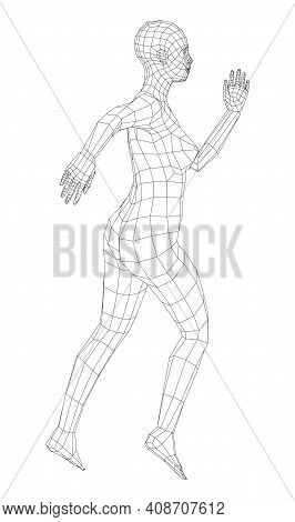 Wireframe Ballerina Or Dancer In Dance Pose. Female Dancing Salsa. Vector 3d Rendering