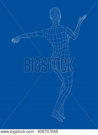 Wireframe Ballerina Or Dancer In Dance Pose. Female Dancing Salsa. Vector 3d Rendering