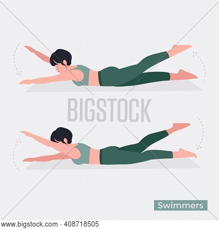 Swimmers Exercise, Women Workout Fitness, Aerobic And Exercises. Vector Illustration.