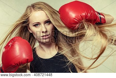 Girl In Red Gloves Playing Sports Boxing