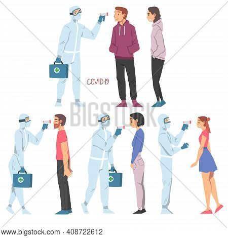 Doctors Measuring Temperature Of People With Body Temperature Scanner Set, Medical Professionals In 