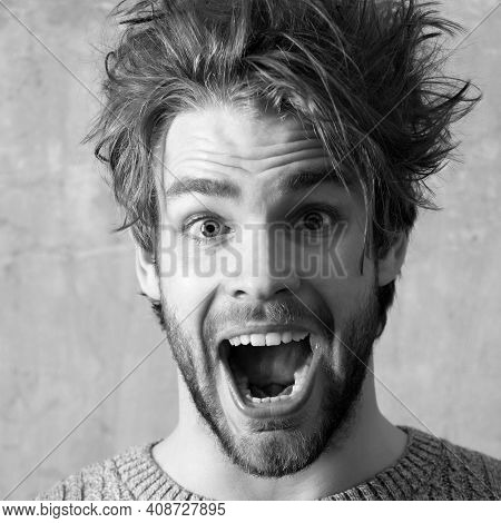 Funny Excited Man With Open Screaming Nouth, Close Up. Young Sexy Man Or Handsome Caucasian Guy Port
