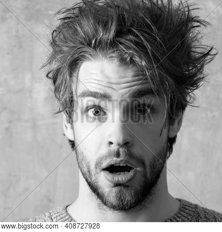 Surprised Man Face, Close Up. Funny Man With Open Nouth, Closeup. Young Sexy Man Or Handsome Caucasi