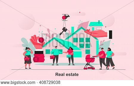 Real Estate Web Concept Design In Flat Style. Real Property Purchase, Rent And Mortgage Scene Visual