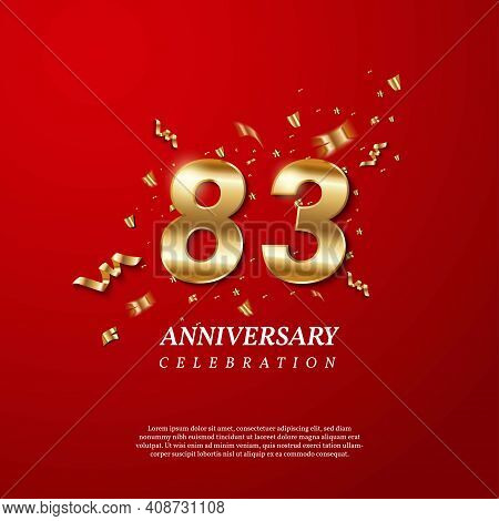 83th Anniversary Celebration. Golden Number 83 With Sparkling Confetti, Stars, Glitters And Streamer