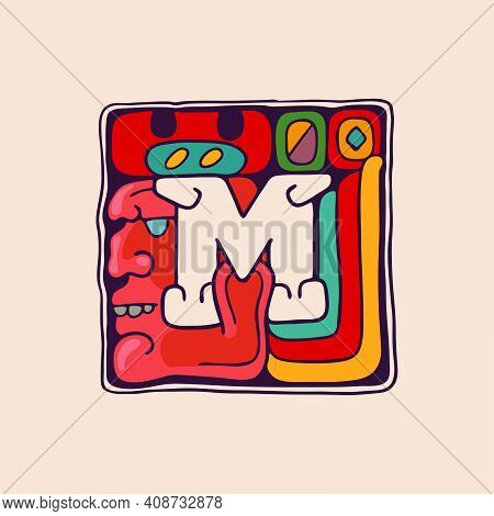 Letter M Logo In Aztec, Mayan Or Incas Style. Native American Symbol With Warrior Or God Face. Perfe