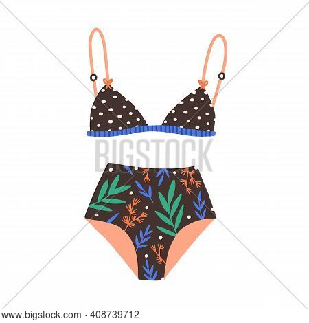 Stylish Female Swimsuit. Fashionable Women Swimwear With Floral Pattern On Panties And Polka Dot On 