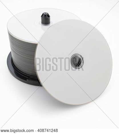 Tub Of 50 Blank Bluray Dvds Cds. Obverse Disc. Isolated On White Background.