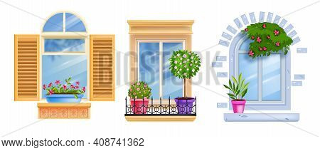 Vintage Vector Window Frame Collection, Sill, Glass Isolated On White, House Plants, Tree, Rose Blos