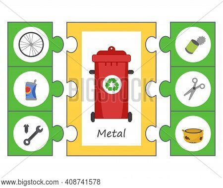 Game For Children. Pazl. Waste Sorting Concept Illustration. Sort Garbage By Type. Metal. Educationa