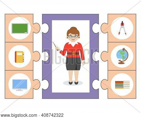Educational Children Game. Pazl. Professions, Character And Items For His Work. Development Of Child