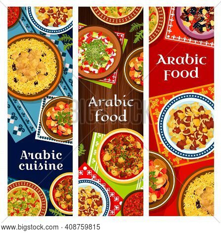 Arabic Cuisine Restaurant Dishes Posters. Roast Lamb With Potatoes, Rice Mansaf And Grilled Eggplant
