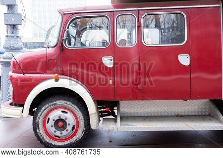 Moscow, Russia - February 15, 2021. Mercedes-benz La 322 Old Fire Engine Red And Shiny. Old Classic 