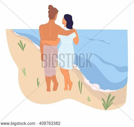 Man And Woman Walking Along Beach With Sea Vector