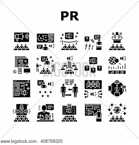 Pr Public Relations Collection Icons Set Vector. Pr Strategy And Events, Interview And Press Release