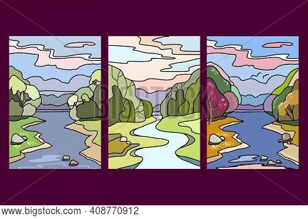 Abstract Colorful Landscape Poster Collection. Set Of Contemporary Art Print Templates. Natural Abst