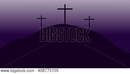 Banner With Calvary Three Crosses. Picture For Easter. Crucifixion Against The Background Of Sunset.