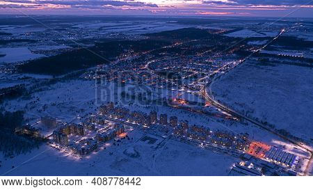 Evening Traffic Jams In The City. Aerial View.