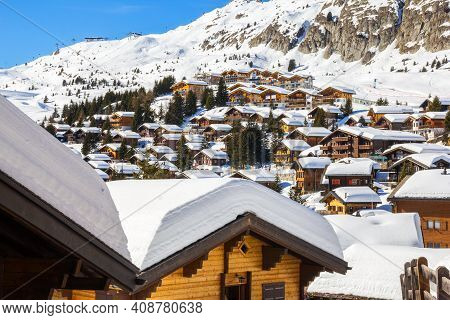 Bettmeralp, Switzerland - February 16.2019: Traditional Swiss Alps Chalet Village Bettmeralp In Cant