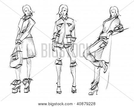 T Shirt Of Illustration Sketch Fashion Girls On A White Background
