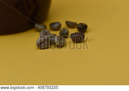 Coffee Cup. Coffee Cup On The Wooden Background, Hot And Fresh Morning Coffee. Coffee Beans Texture 
